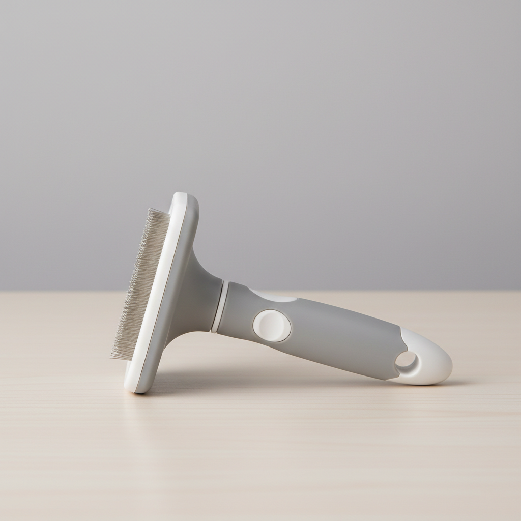 side view of self cleaning cat brush grey and white