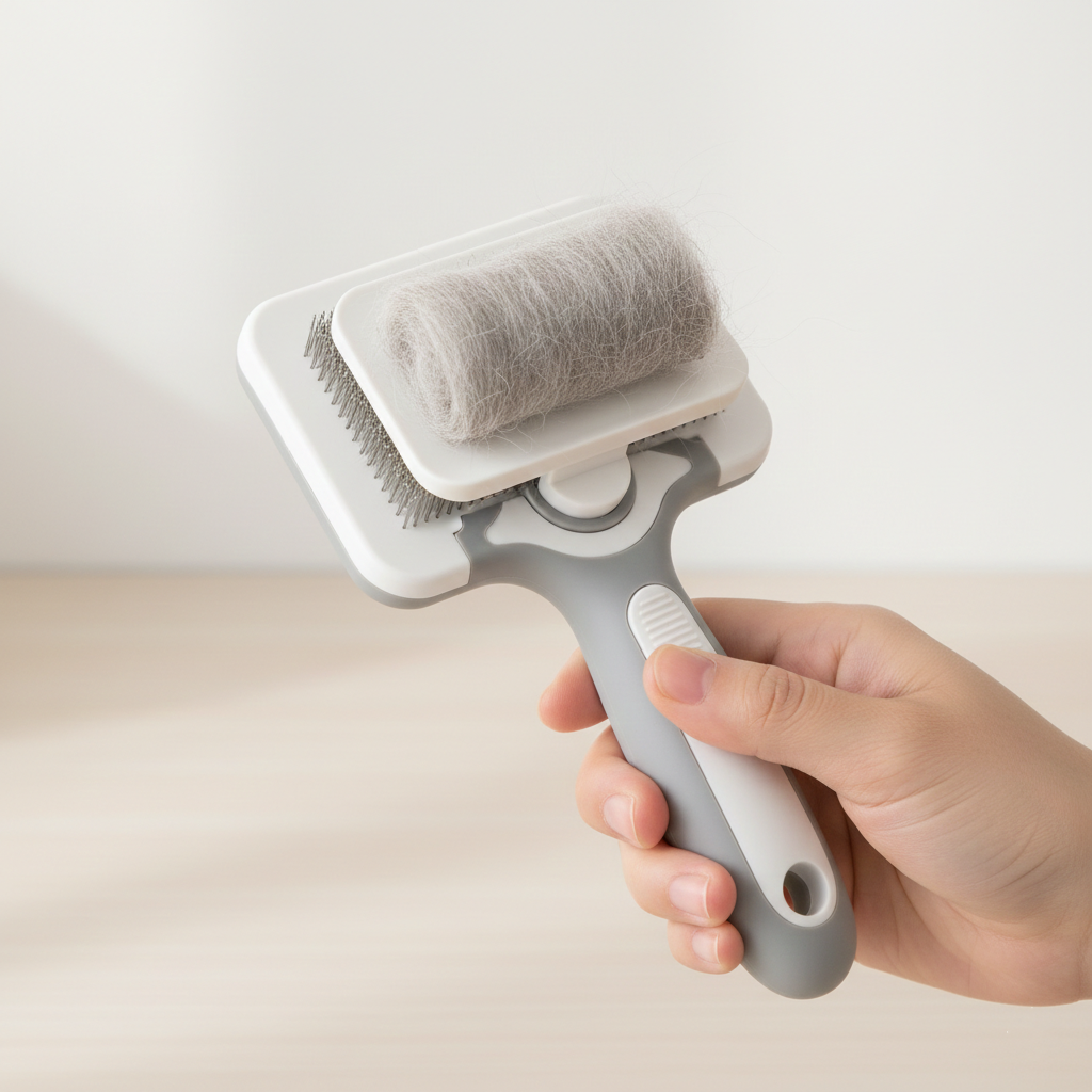 grey self cleaning slicker brush ejecting cat hair