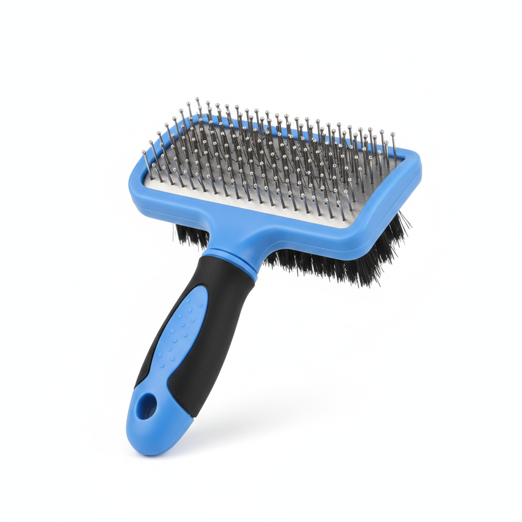 double sided pin and bristle cat brush with blue handle
