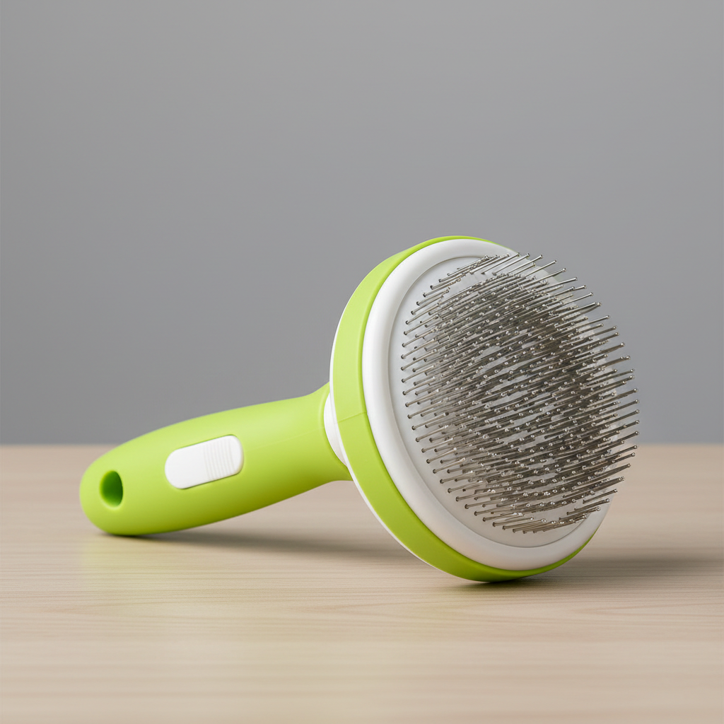 green self cleaning pet grooming brush studio shot
