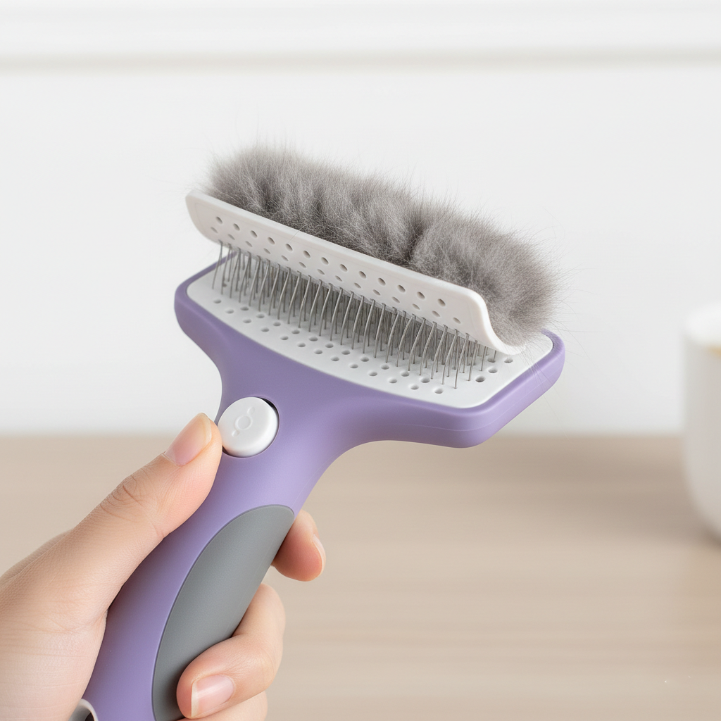 purple self cleaning cat slicker brush removing fur