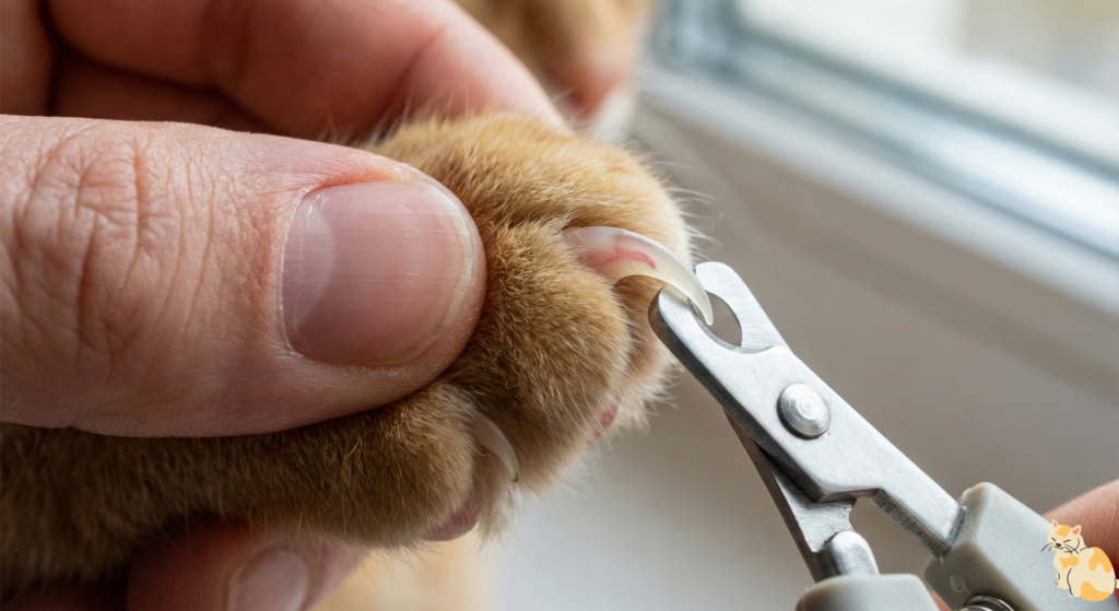Close-up of a person safely trimming a cat's nail tip avoiding the quick