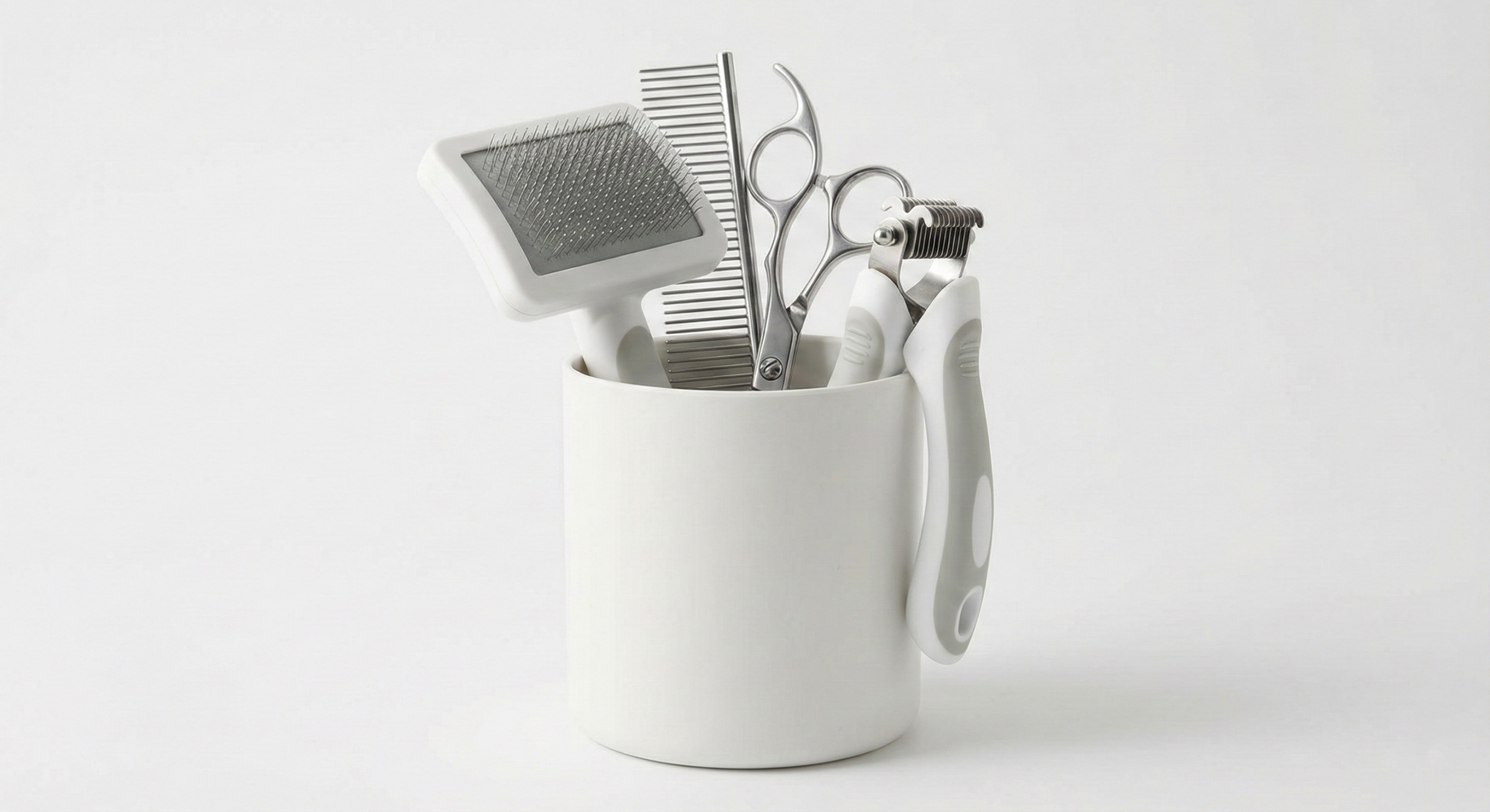 longhair cat grooming tools in storage container