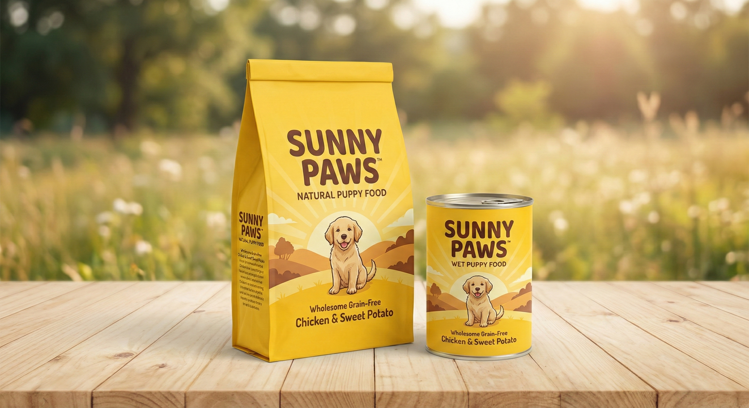 natural dry and wet puppy food yellow packaging
